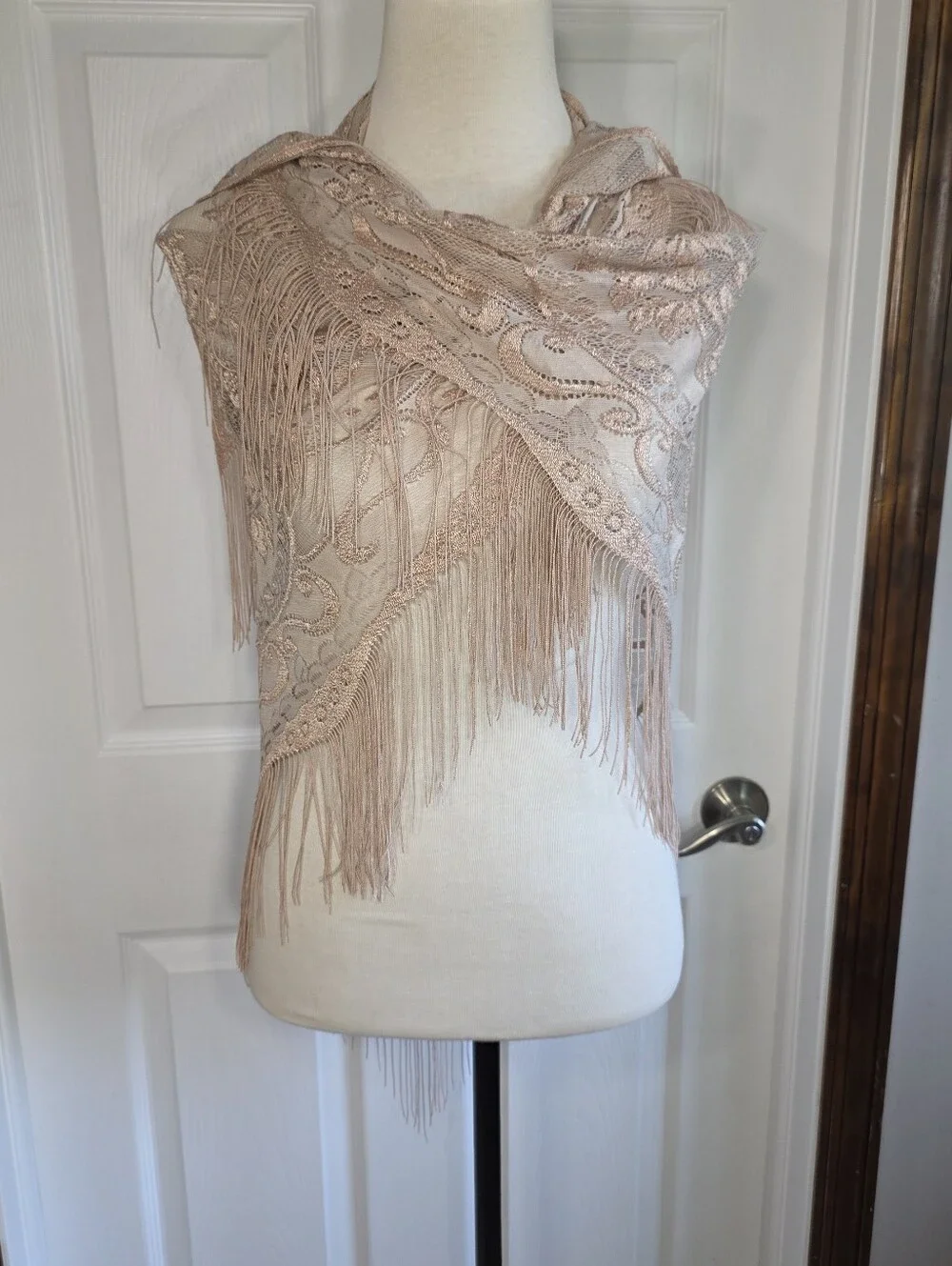 Floral Lace Fringe Shawl Scarf Wrap in Cream Blush Beige